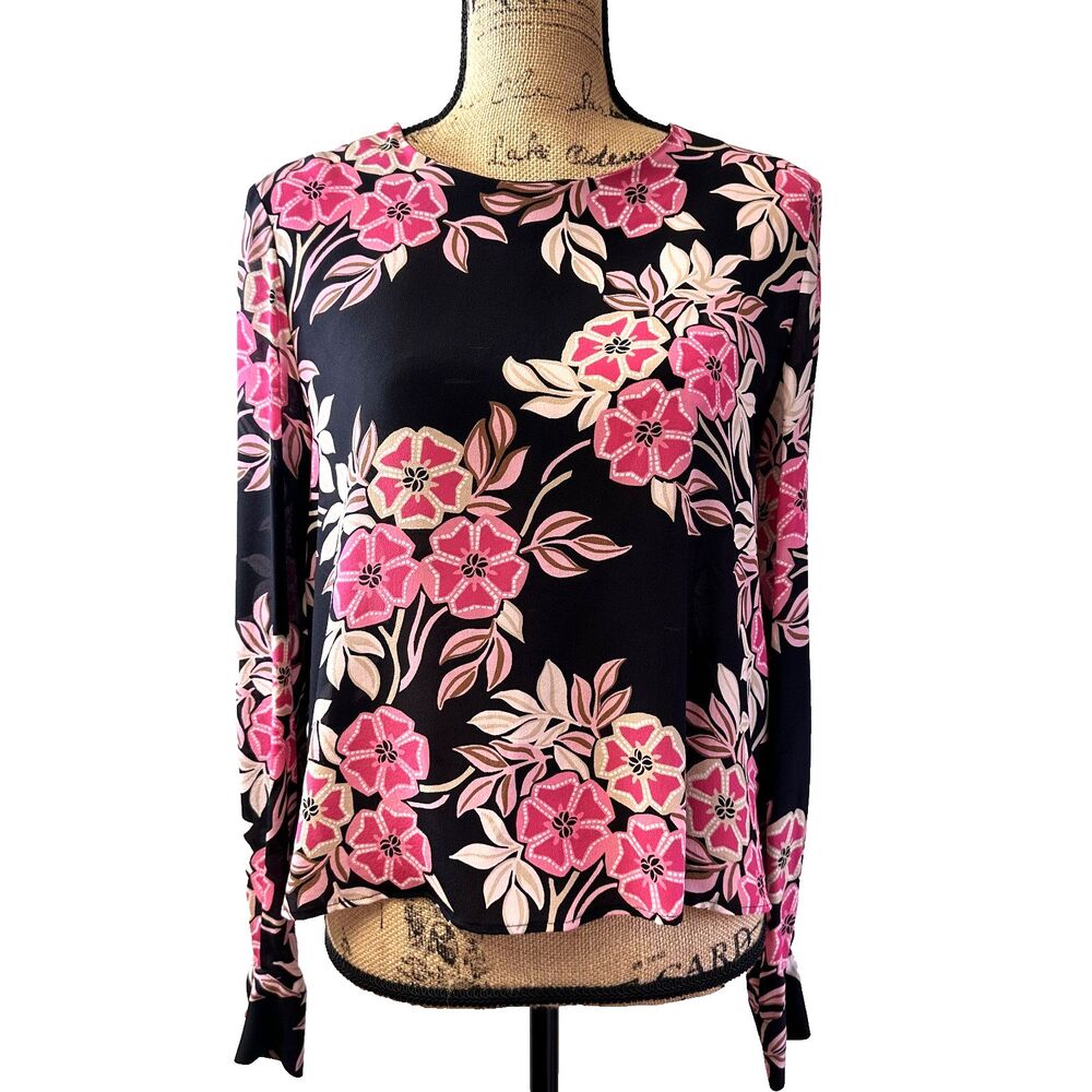 MSGM Women's Black Pink Floral Long Sleeve Crew Neck 100% Silk Blouse Sz 44/8